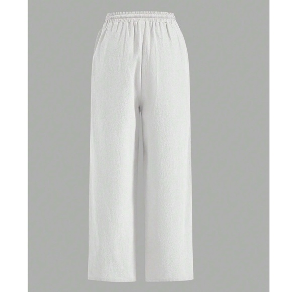 White 100% Cotton Elastic Waist Wide Pants with Drawstring Ties Pockets Long - Picture 8 of 10